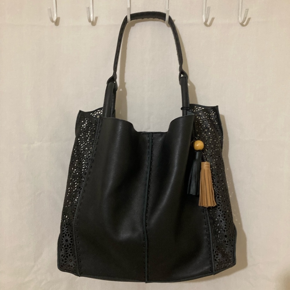 The Sak Black Tote with Tan Tassel